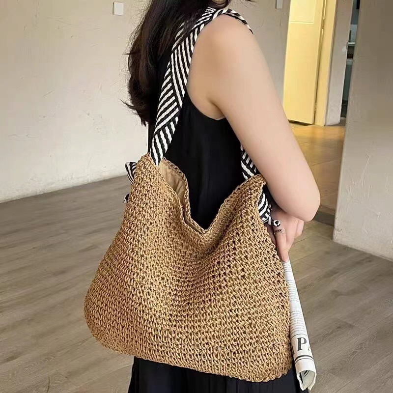 Korean Style Ins Woven Straw Shoulder Bag 2024 Navy Blue Strap Handbag