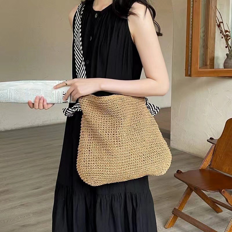 Korean Style Ins Woven Straw Shoulder Bag 2024 Navy Blue Strap Handbag - Image 3
