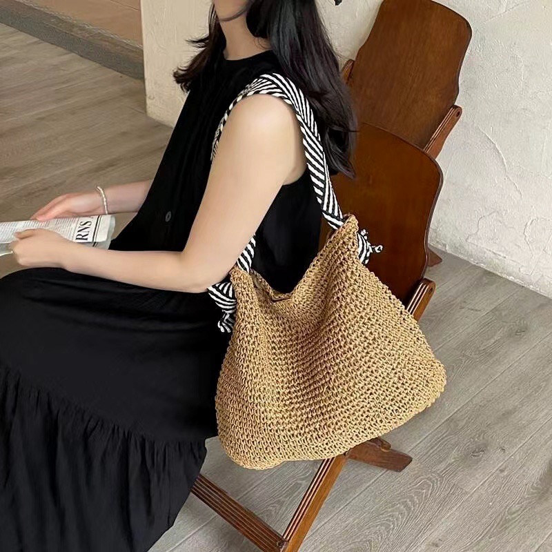 Korean Style Ins Woven Straw Shoulder Bag 2024 Navy Blue Strap Handbag - Image 2
