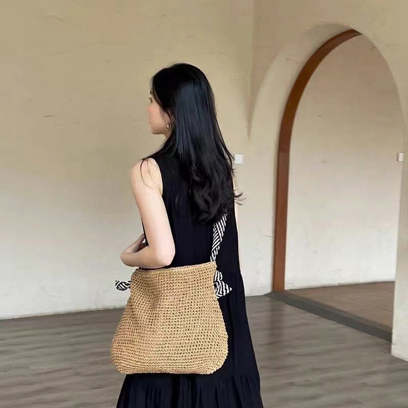 Korean Style Ins Woven Straw Shoulder Bag 2024 Navy Blue Strap Handbag - Image 4