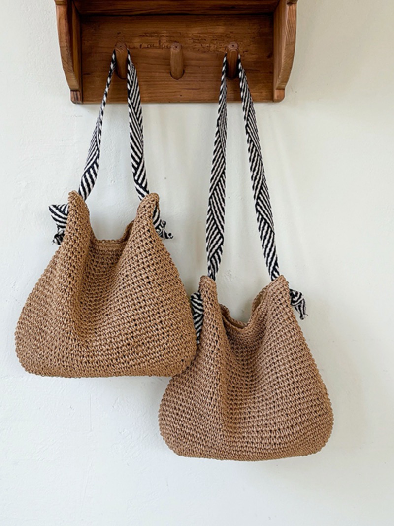 Korean Style Ins Woven Straw Shoulder Bag 2024 Navy Blue Strap Handbag - Image 5