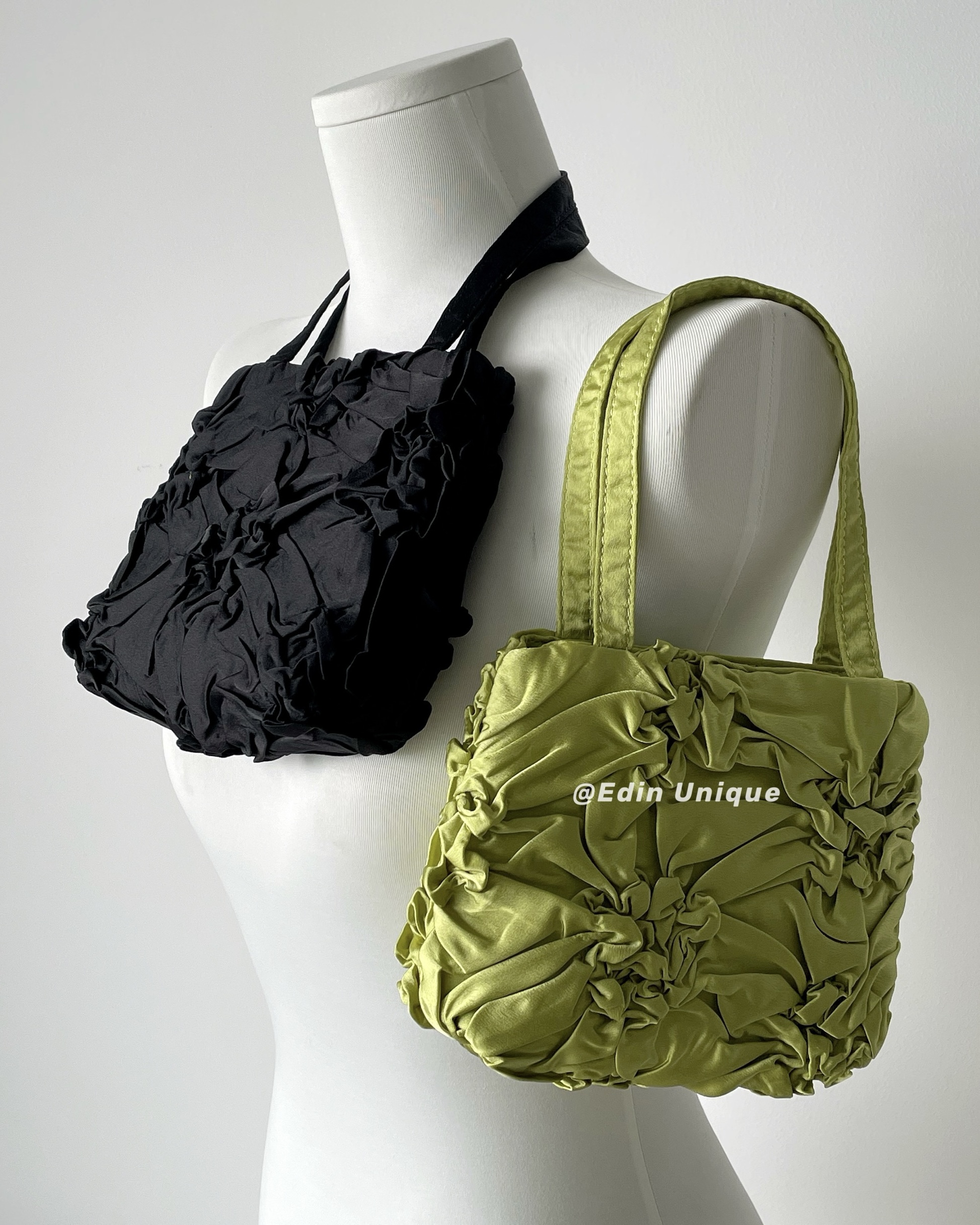 Korean Style Pleated Satin Canvas Handbag with Bellflower Design - Image 2