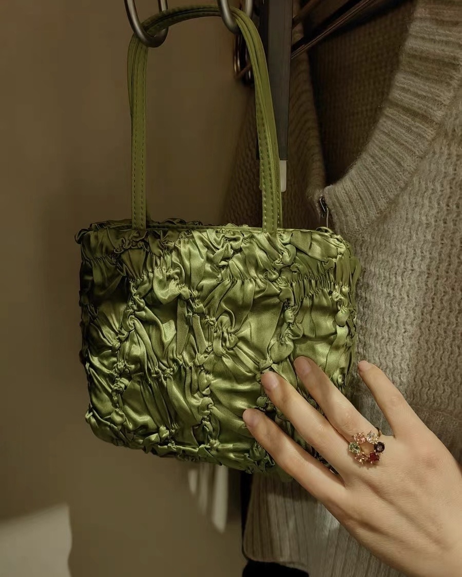 Korean Style Pleated Satin Canvas Handbag with Bellflower Design - Image 4