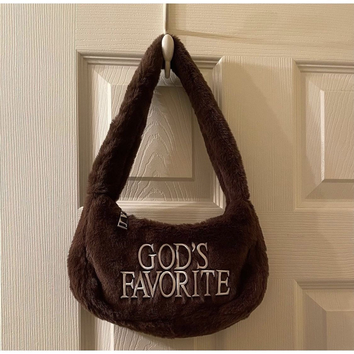 Coffee Brown Plush Underarm Bag with Letter Embroidery Cute Clutch Shoulder Bag