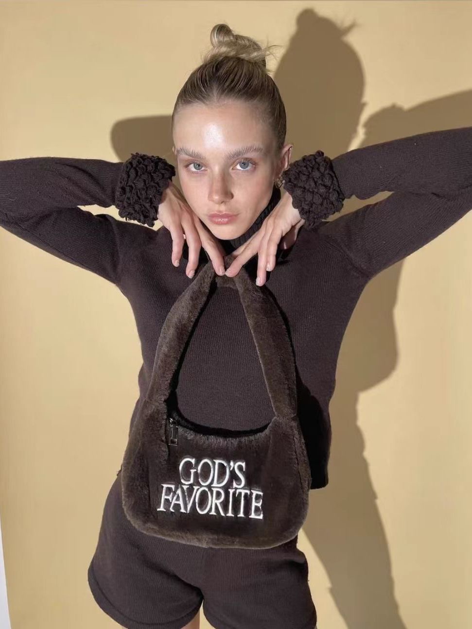 Coffee Brown Plush Underarm Bag with Letter Embroidery Cute Clutch Shoulder Bag - Image 3
