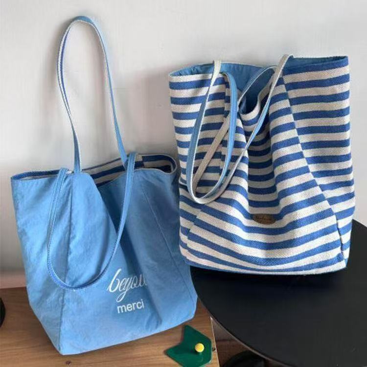 2025 Summer Striped Canvas Tote Bag Korean Ins Lazy Style Student Large Capacity Casual One Shoulder Bag for Women