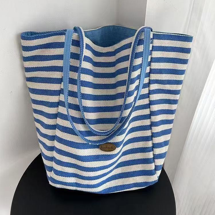 2025 Summer Striped Canvas Tote Bag Korean Ins Lazy Style Student Large Capacity Casual One Shoulder Bag for Women - Image 3