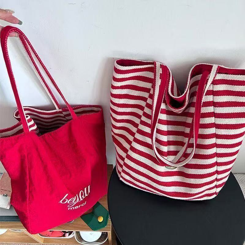 2025 Summer Striped Canvas Tote Bag Korean Ins Lazy Style Student Large Capacity Casual One Shoulder Bag for Women - Image 2