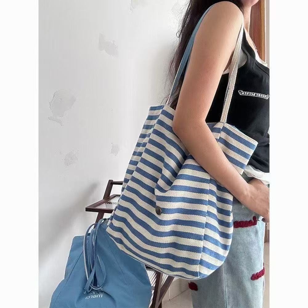 2025 Summer Striped Canvas Tote Bag Korean Ins Lazy Style Student Large Capacity Casual One Shoulder Bag for Women - Image 4