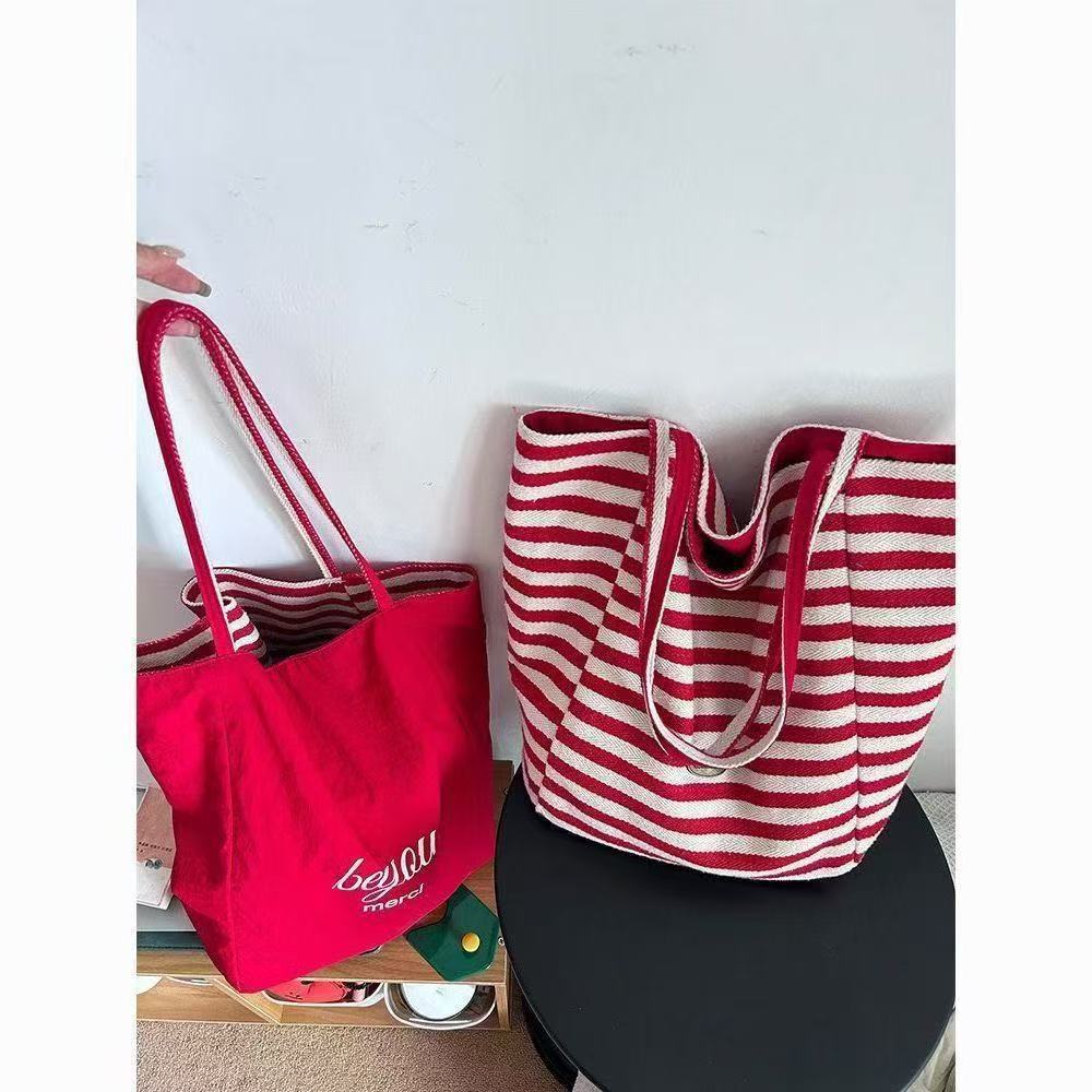 2025 Summer Striped Canvas Tote Bag Korean Ins Lazy Style Student Large Capacity Casual One Shoulder Bag for Women - Image 5