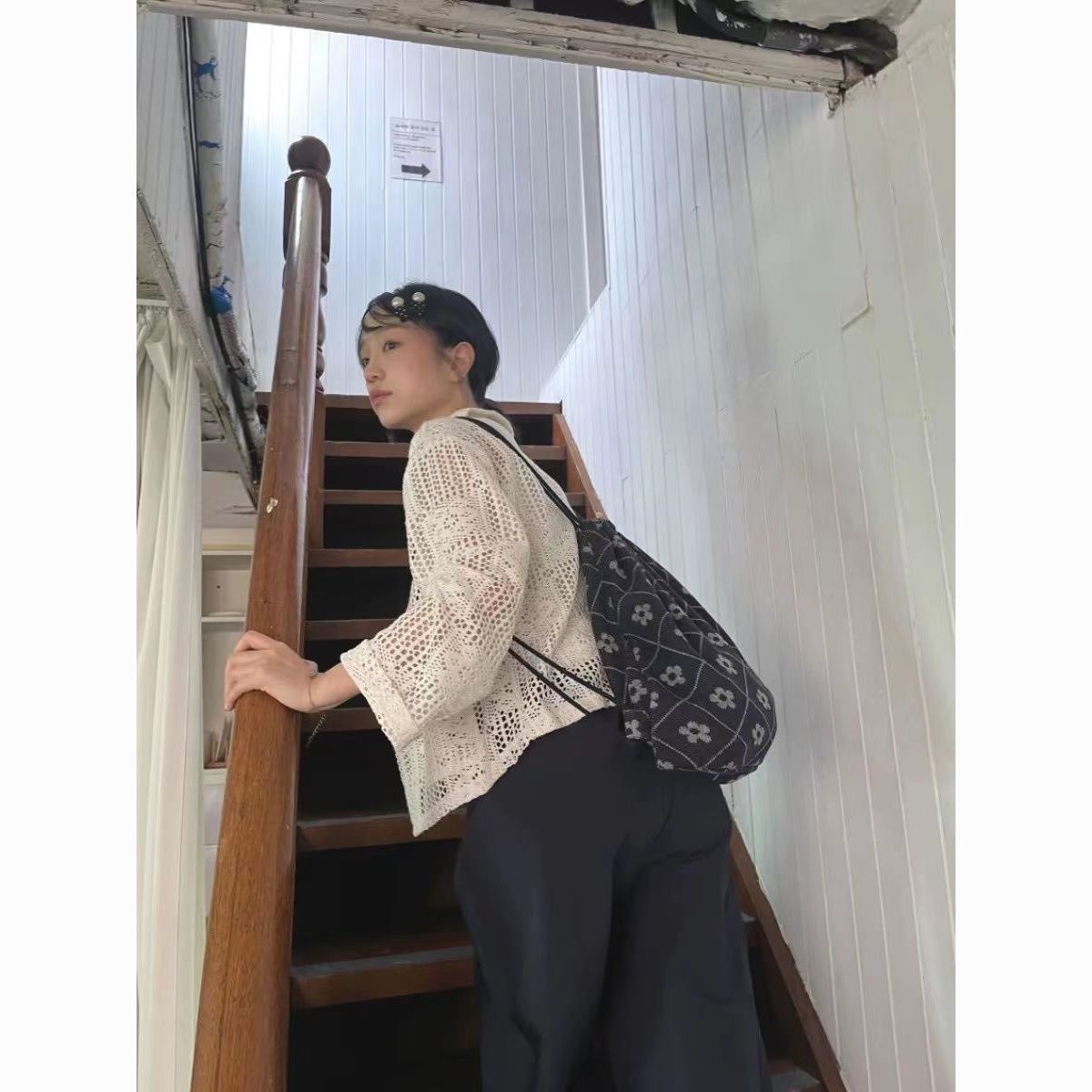 YAY Retro Floral Knit Backpack Korean Style - Image 4