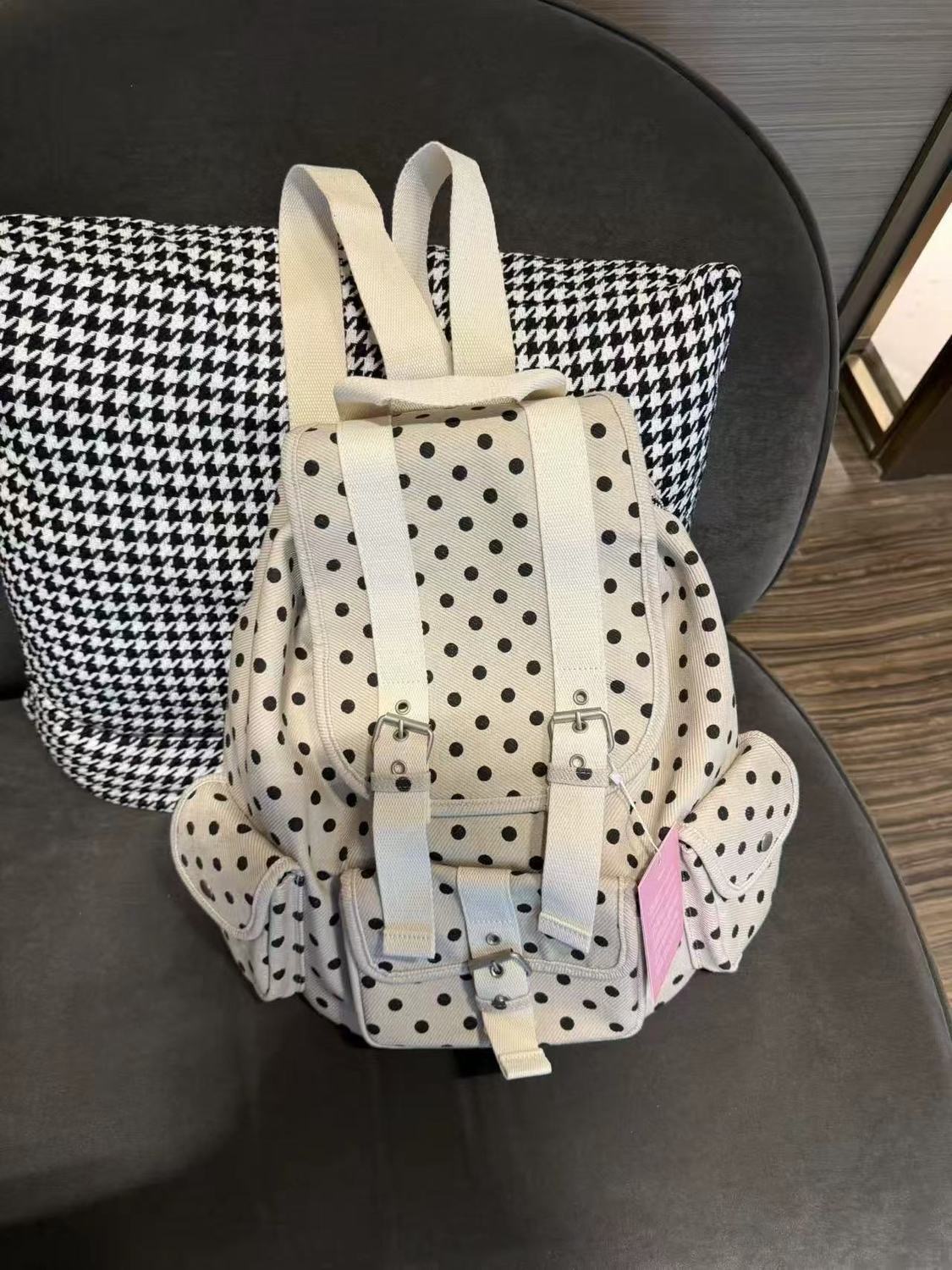 NewJeans Style Korean Niche Retro Japanese Polka Dot Pocket Backpack Large Capacity Cotton Casual Bag