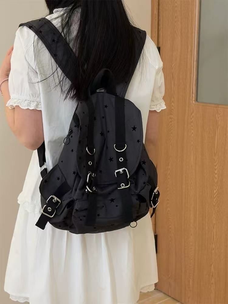 Star Retro Backpack Black Polka Dot Star Print Unisex Canvas School Commute Bag