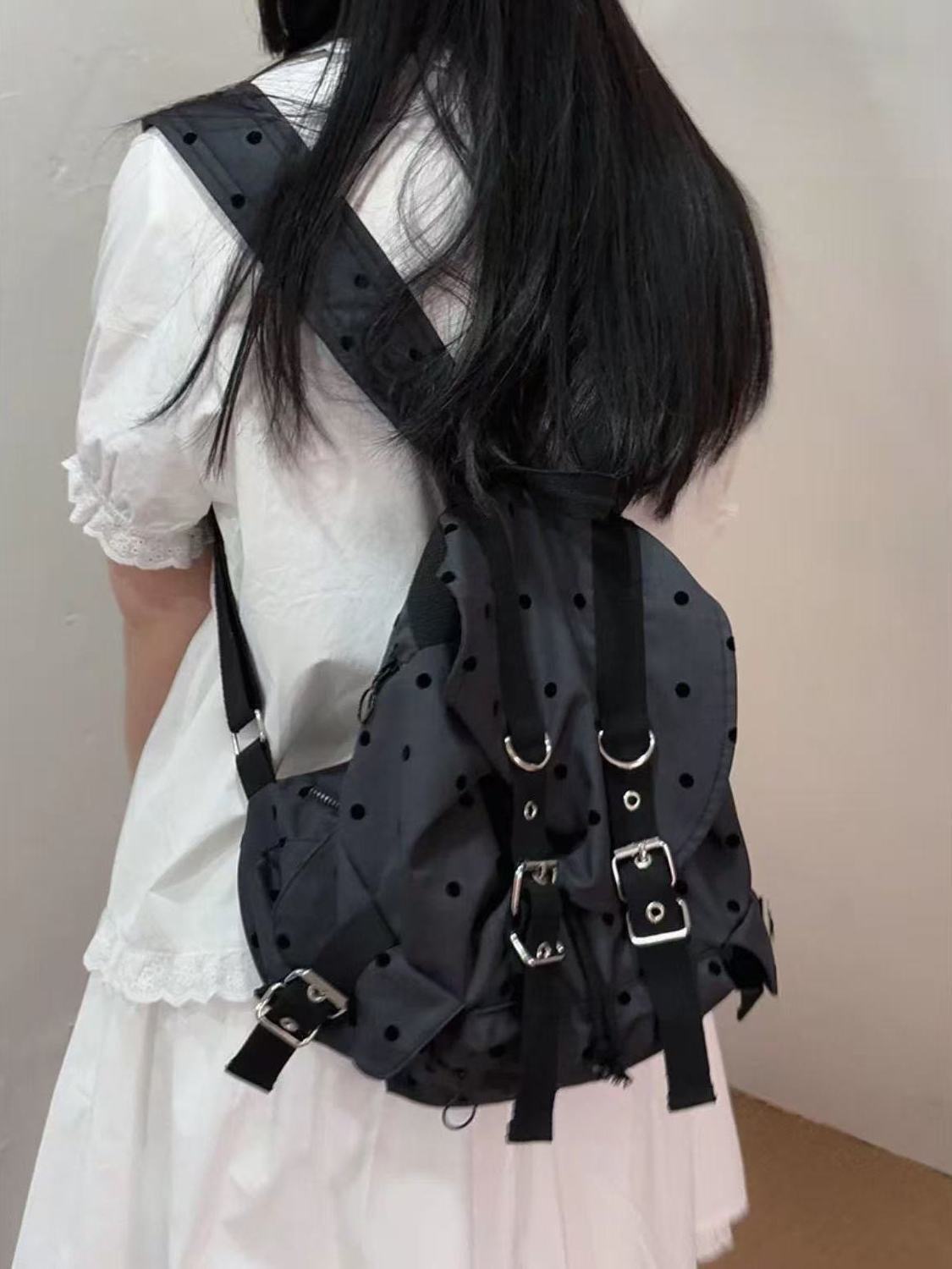 Star Retro Backpack Black Polka Dot Star Print Unisex Canvas School Commute Bag - Image 3