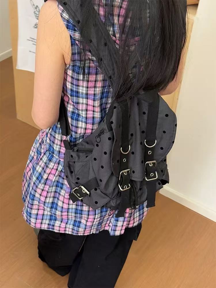 Star Retro Backpack Black Polka Dot Star Print Unisex Canvas School Commute Bag - Image 2