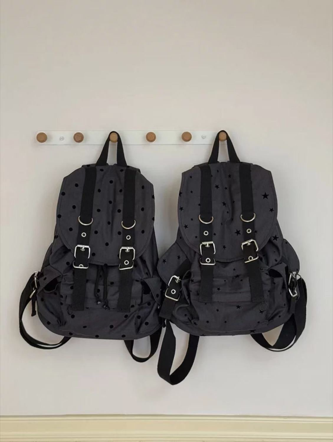 Star Retro Backpack Black Polka Dot Star Print Unisex Canvas School Commute Bag - Image 4