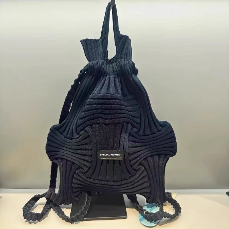 Korean Woven Pleated Drawstring Backpack Large Capacity Knit Bucket Bag Handheld Butterfly Backpack Versatile Women - Image 2