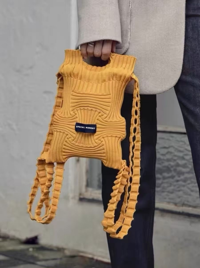 Korean Woven Pleated Drawstring Backpack Large Capacity Knit Bucket Bag Handheld Butterfly Backpack Versatile Women - Image 3