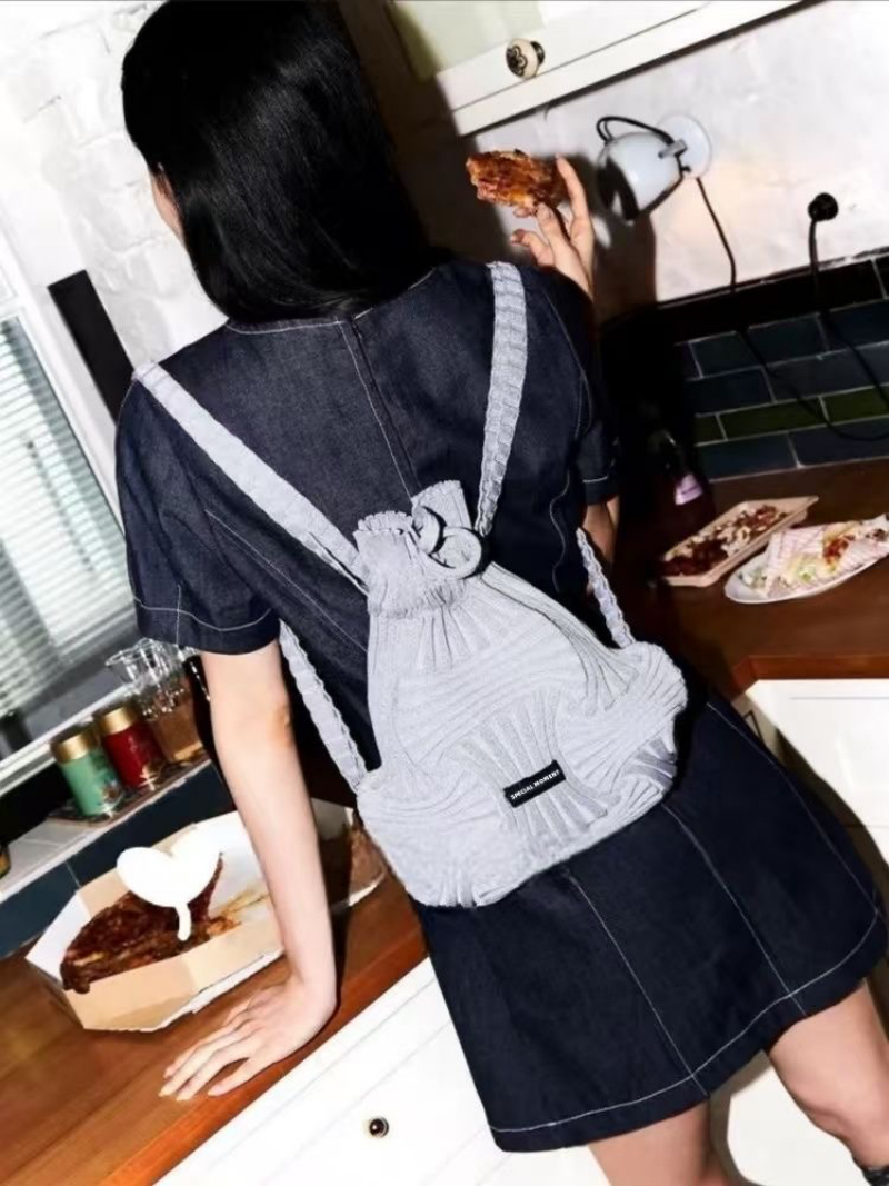 Korean Woven Pleated Drawstring Backpack Large Capacity Knit Bucket Bag Handheld Butterfly Backpack Versatile Women - Image 4