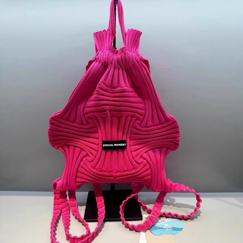 Korean Woven Pleated Drawstring Backpack Large Capacity Knit Bucket Bag Handheld Butterfly Backpack Versatile Women - Image 5