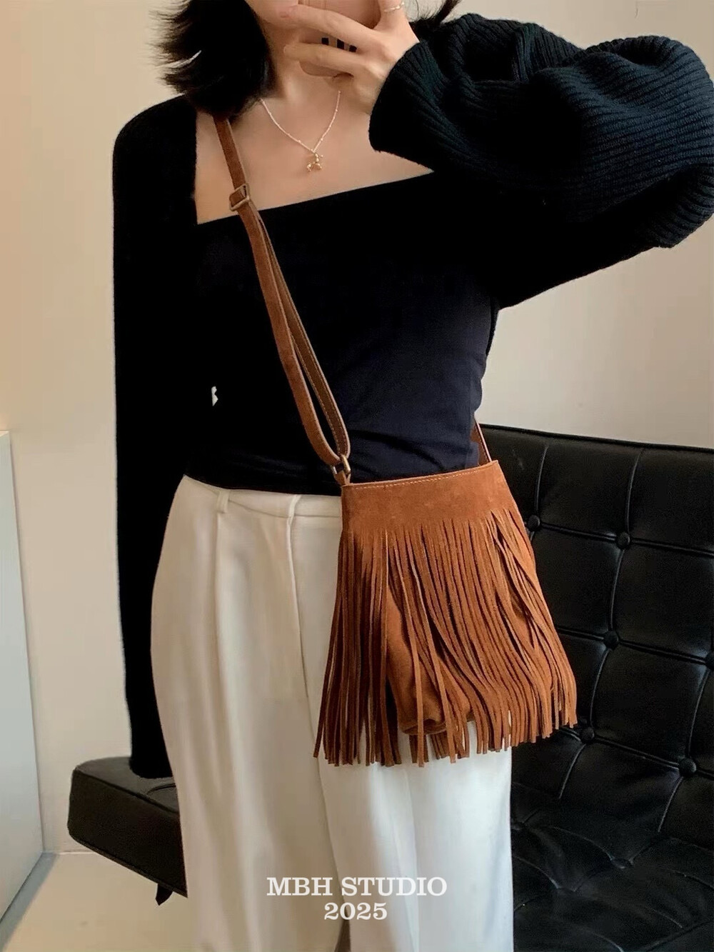 MBH Korean Dongdaemun Vintage Frosted Leather Tassel Small Square Bag Shoulder Crossbody Bag - Image 4