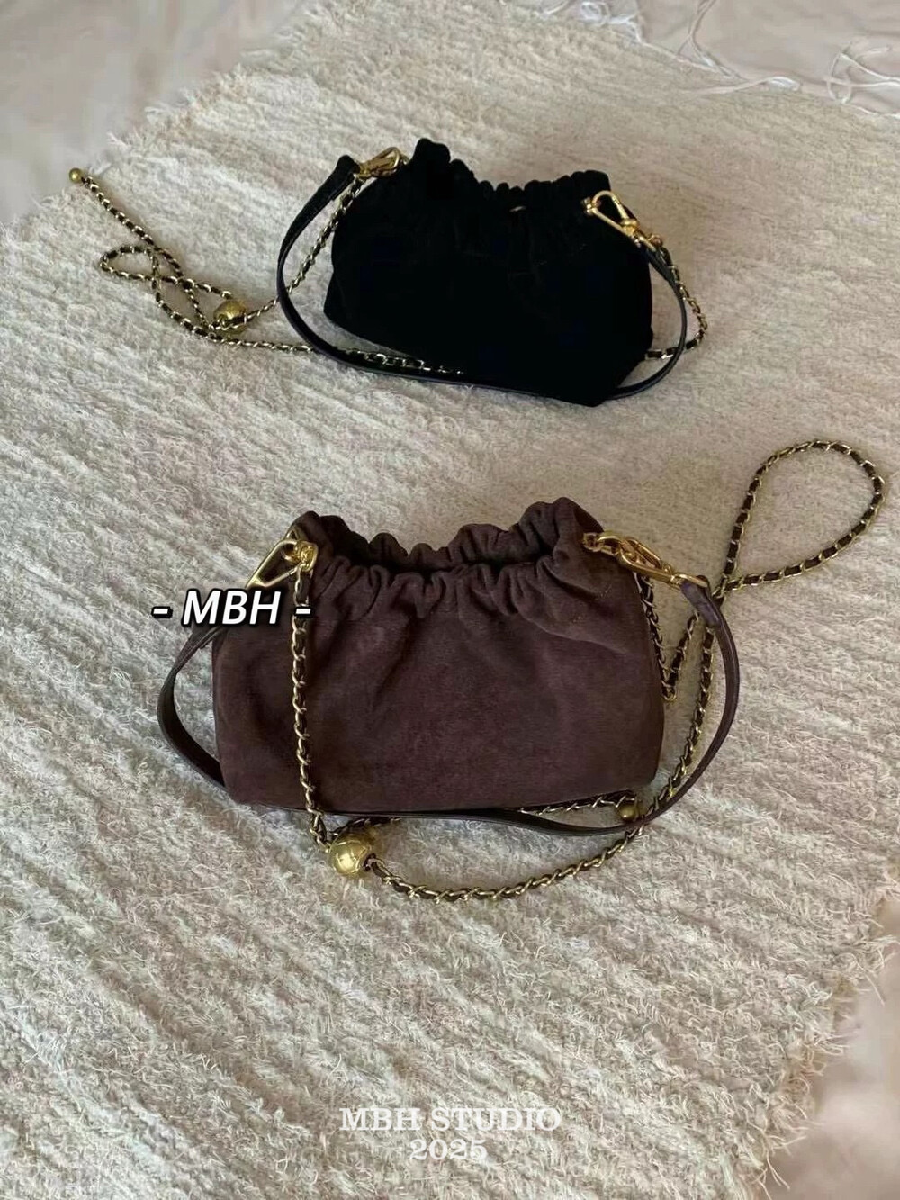 MBH Frosted Leather Vintage Ruched Cloud Bag with Gold Ball Chain and Two Straps - Image 4